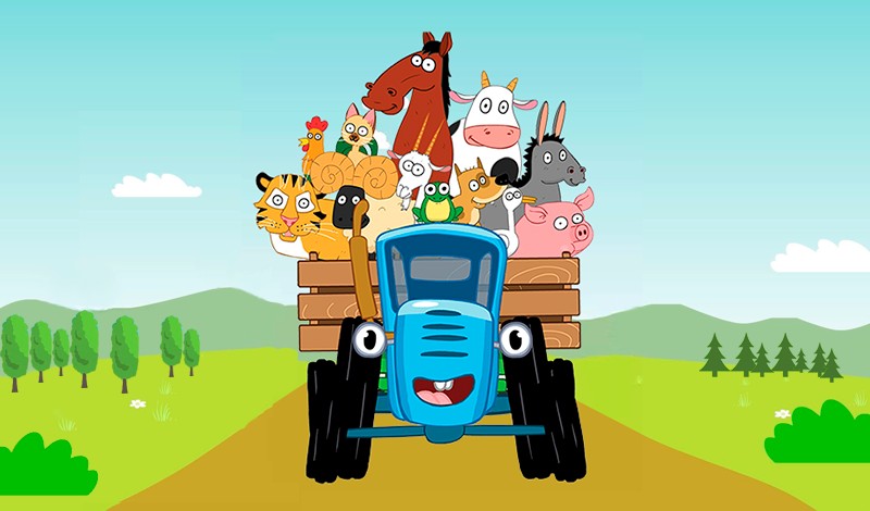 Create meme: blue tractor, blue tractor cartoon, blue tractor across the fields
