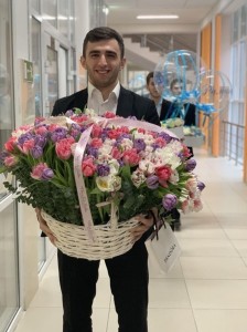 Create meme: flowers Express SPb, bouquet groom, groom with bouquet