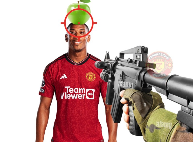 Create meme: martial anthony on a white background, rifle first-person view, manchester united uniform