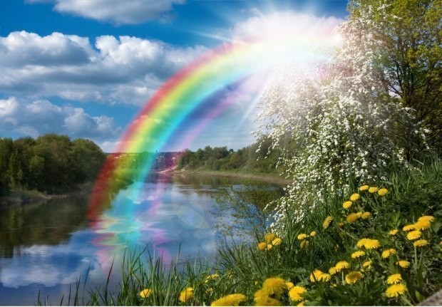 Create meme: rainbow 🌈, rainbow over the river, landscape with a rainbow