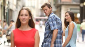 Create meme: Girl, the wrong guy meme template, a man looks at a woman