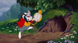 Create meme: rabbit from the cartoon Alice in Wonderland, Alice in Wonderland the disney cartoon rabbit with a clock, Alice and the rabbit disney