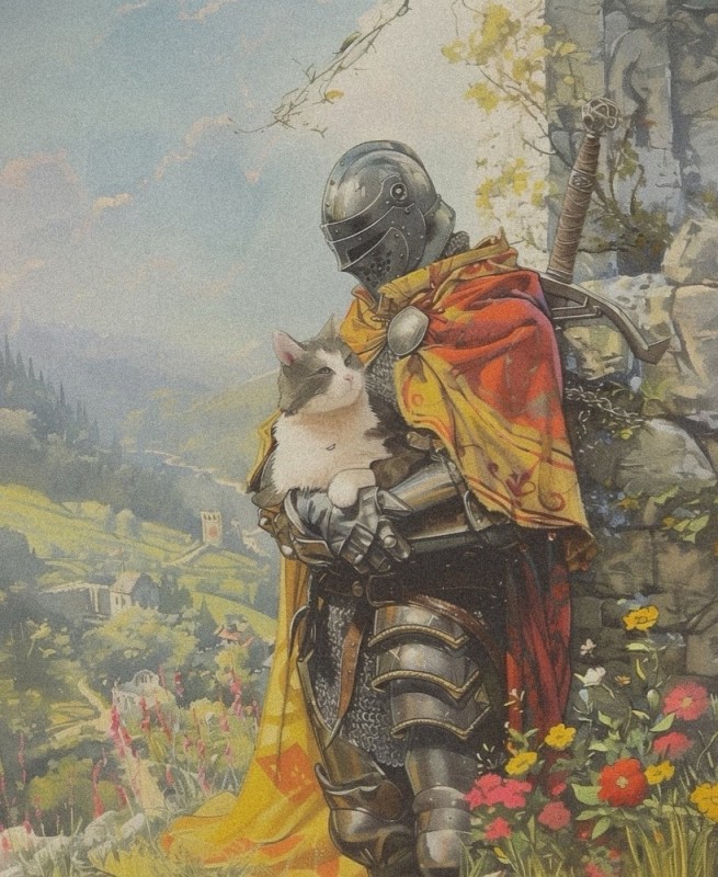 Create meme: Fantasy Knights, Knights, The knight with the cat