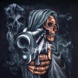 Create meme: skull pattern, skeleton with a gun