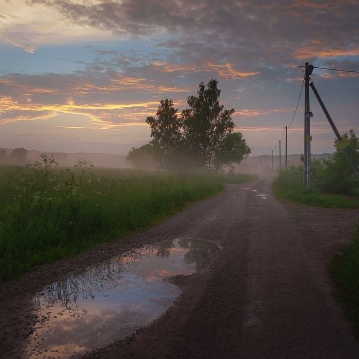 Create meme: landscape road russia, morning in the village, the dawn road