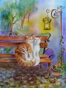 Create meme: cat on a bench picture, illustration of cat, cat on a bench painting