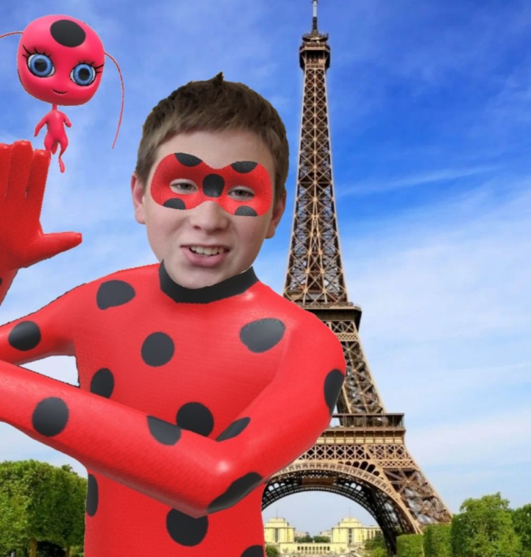 Create meme: Lady bug and super cat, Eiffel tower , costume lady bug