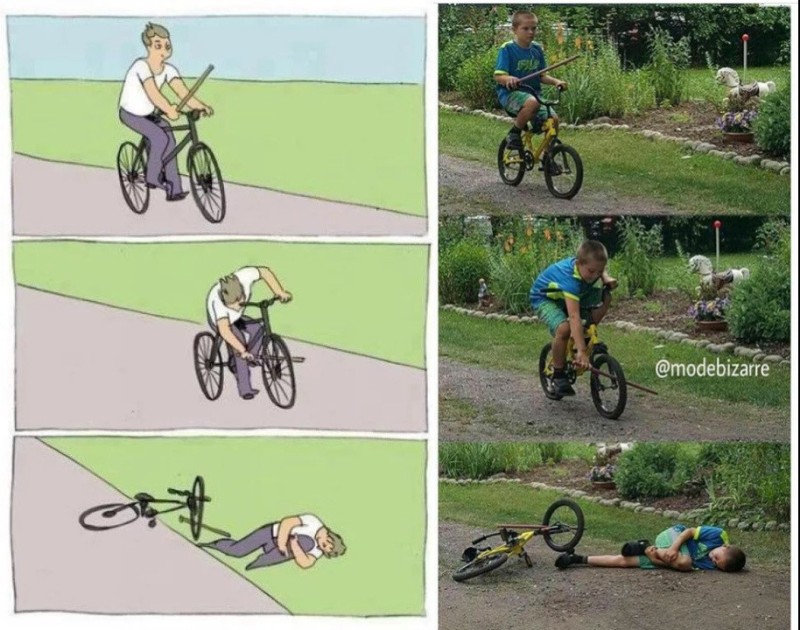 Create meme: bike stick in the wheel, meme of bike spokes in the wheel, stick in the wheel meme