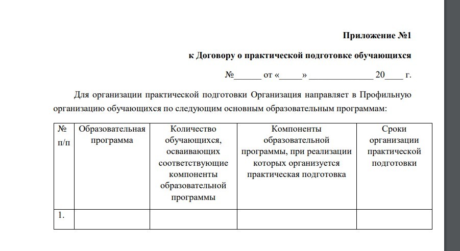 Образец заполнения договора о практической подготовке обучающихся