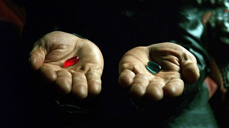 Create meme: Morpheus two pills, morpheus pills, morpheus red and blue pill