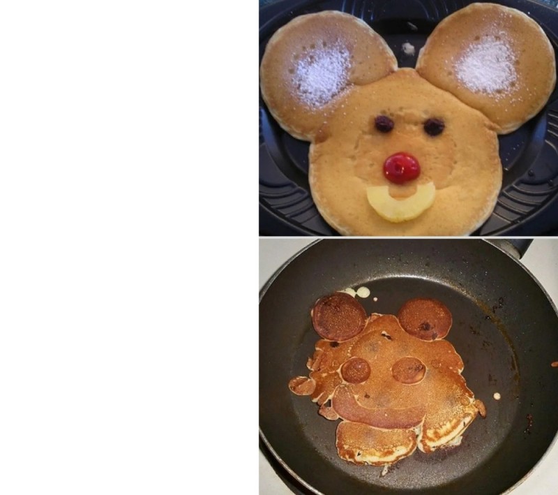 Create meme: mickey mouse pancake, funny culinary masterpieces, the first pancake