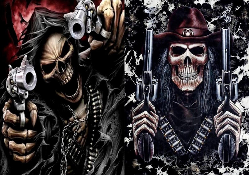 Create meme: skull with pistols, cool skeleton with a gun, cool skeleton