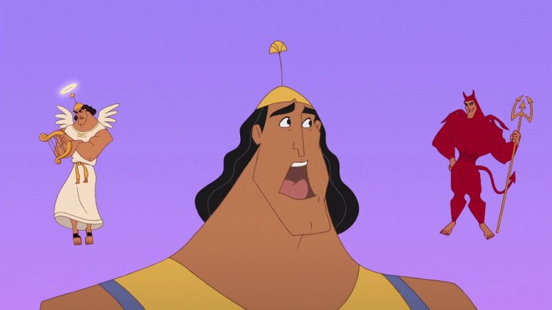 Create meme: Emperor kronk's new school, an angel and a devil on their shoulders, the emperor's new school