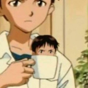 Create meme: Shinji Ikari with a mug