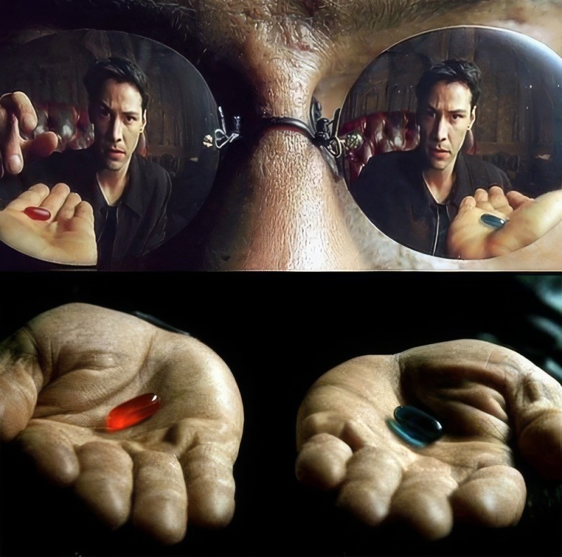 Create meme: morpheus red and blue pill, Morpheus 2 tablets, red and blue pill