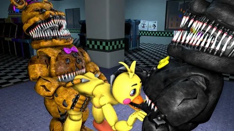 Создать мем: fredbear fnaf, кошмарный спринг бонни и кошмарный фредбер, freddy