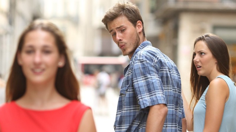 Create meme: meme guy turns into a girl, distracted boyfriend, meme guy looks back at the girl