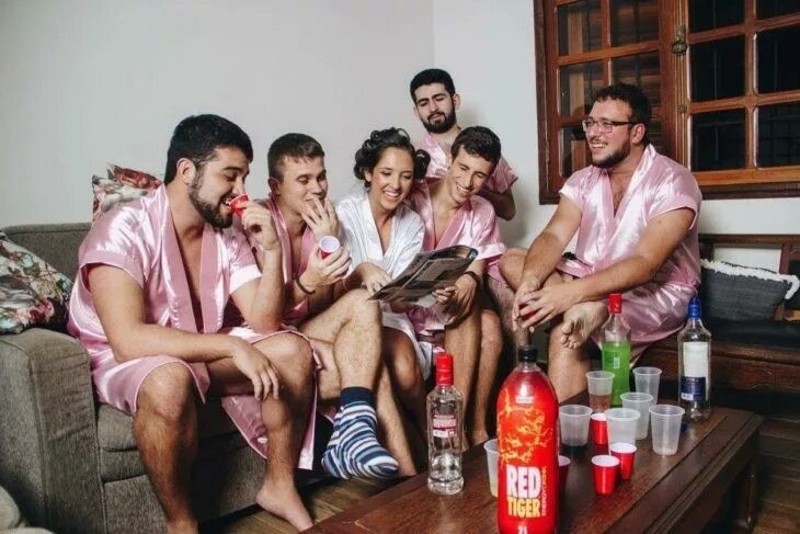 Create meme: bachelorette party with men, a girl and several men, male harem