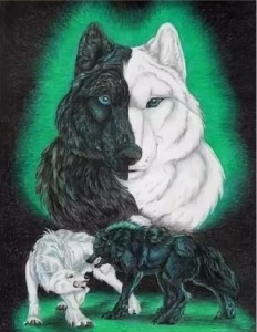 Создать мем: картина волки, два волка добрый и злой, два волка черный и белый
