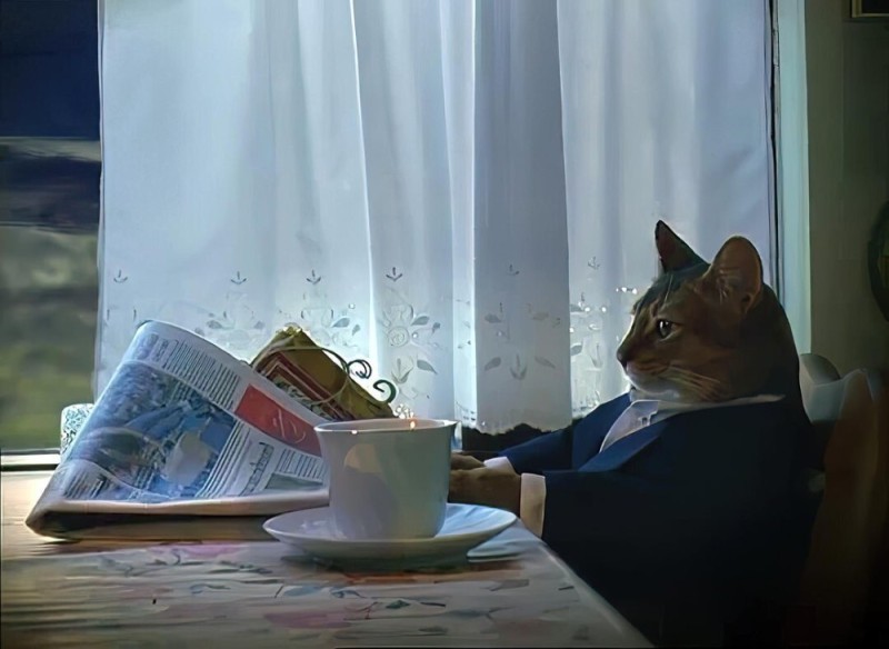 Create meme: cat with newspaper meme, the cat table meme, a cat with a newspaper at the table