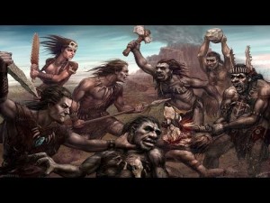 Create meme: Neanderthal, stone age, war of primitive people