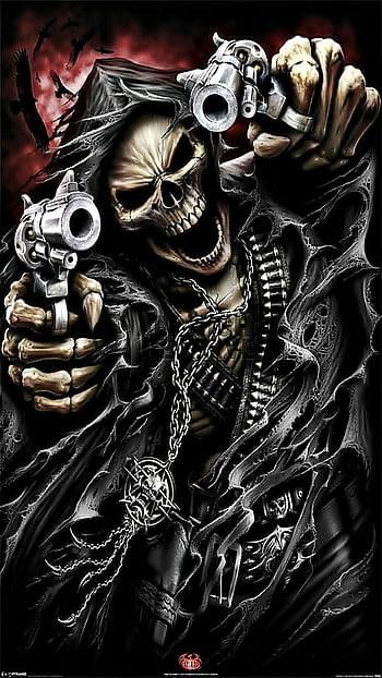 Create meme: cool skeleton, a skeleton with a revolver, skull with pistols