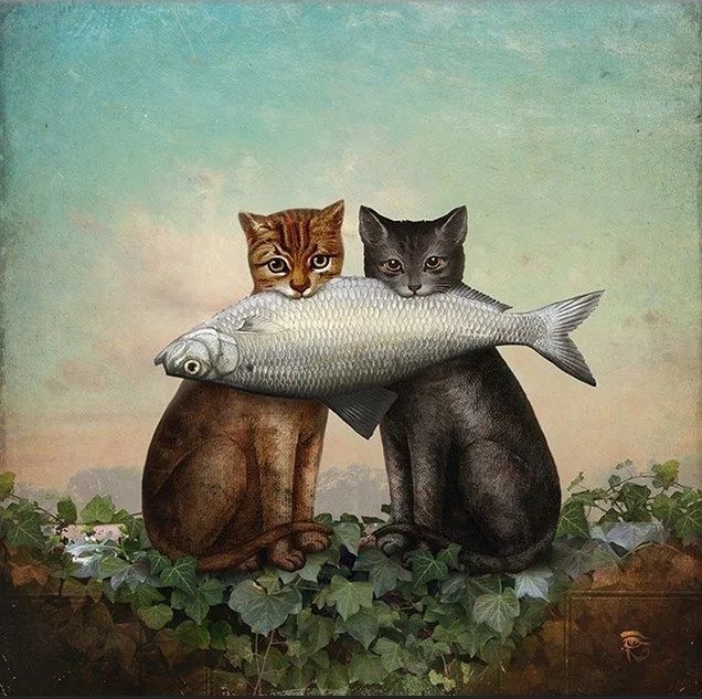 Create meme: Andrey Repnikov paintings, cat with fish, artist Christian Schloe paintings