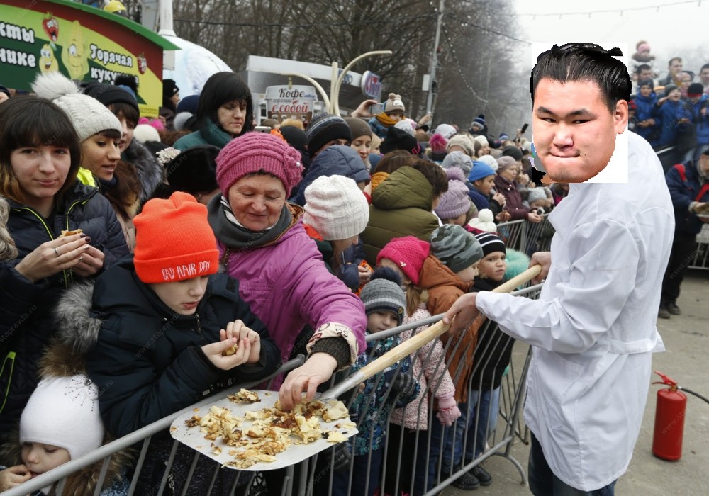 Create meme: feed with a shovel, maslenitsa in russia, pancakes on a shovel Maslenitsa