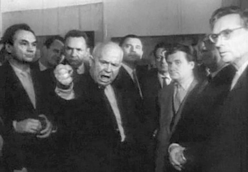 Create meme: Khrushchev in the manege 1962, nikita khroutchev, exhibition at the manege 1962 Khrushchev