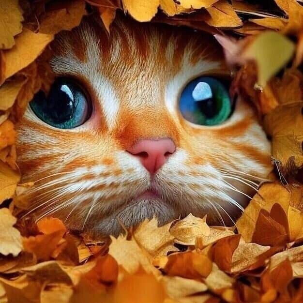 Создать мем: кот в куче осенних листьев, рыжий кот, кошка осень