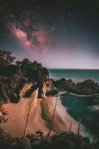 Create meme: starry sky, photograph of the milky way and waterfall, night