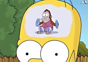 Create meme: The monkey in Homer's head, A monkey in the head with plates, Homer Simpson monkey in the head