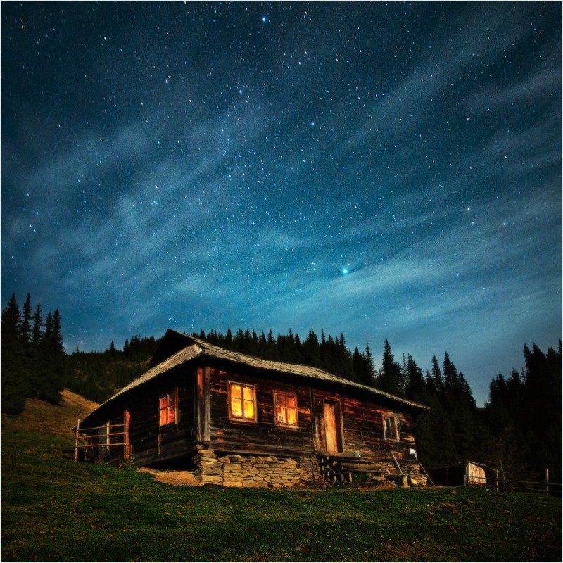 Create meme: a house in the mountains at night, a small house, in the cabin