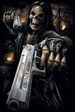 Create meme: devil horror skull with gun, rock skeletons pictures, skeleton with pistols size large