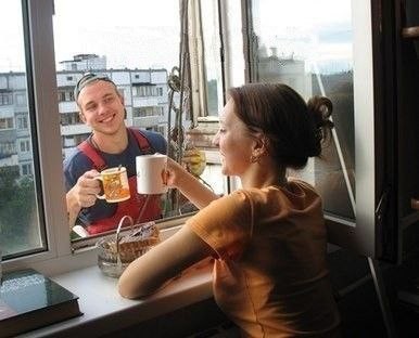 Create meme: Spontaneous tea drinking day, morning tea party, the girl on the balcony