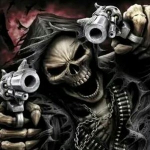 Create meme: skull fantasy, skeleton with a gun, darkness