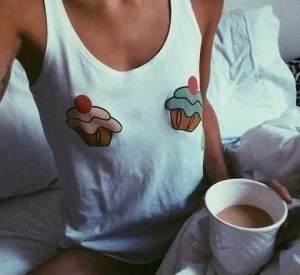 Create meme: women's t-shirt, funny pictures about Breasts, photos for instagram and coffee in bed