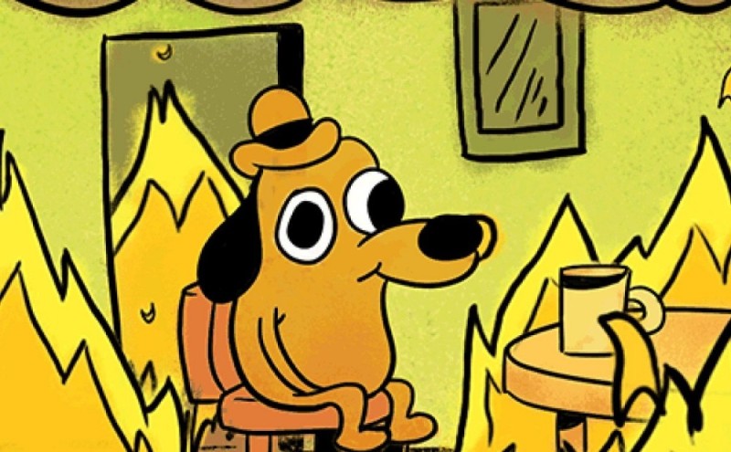 Create meme: meme dog in a burning house, a dog is sitting in a burning house, a dog in a burning house