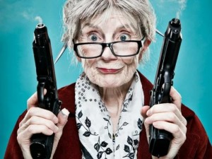 Create meme: angry Gran, grandma with a gun, woman