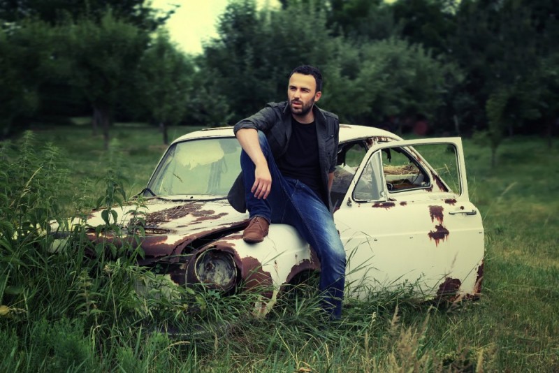 Create meme: photo shoot with an old car, old car, male 