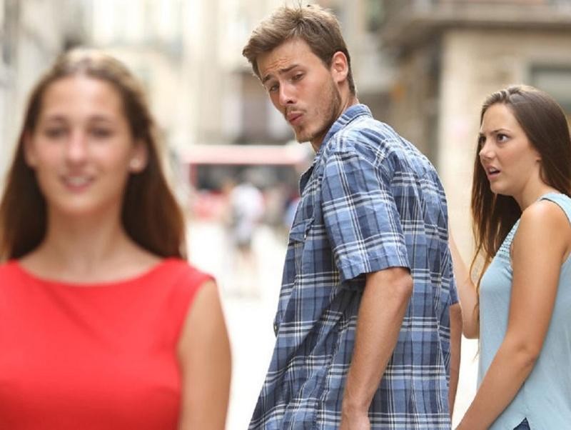 Create meme: meme guy looks back at the girl, the guy turns to girl, wrong guy 