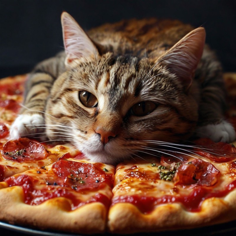 Create meme: pizza cat , pizzas, The cat is eating pizza