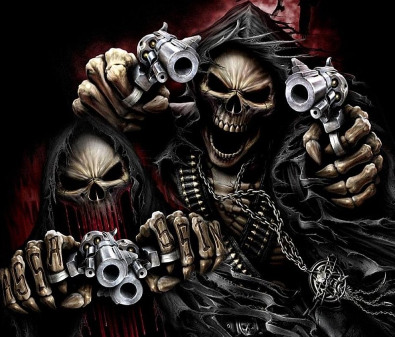 Create meme: cool skulls, skull with guns, skeleton with a gun