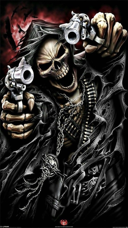 Create meme: skeleton with a gun, skull with guns, skeletons are cool