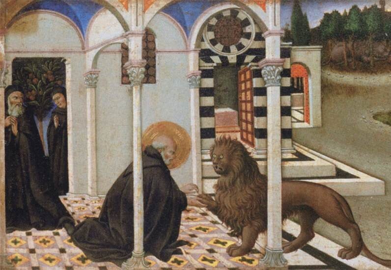 Create meme: hieronymus of Stridon, St. jerome and the lion, Sano di Pietro St. Jerome and the lion