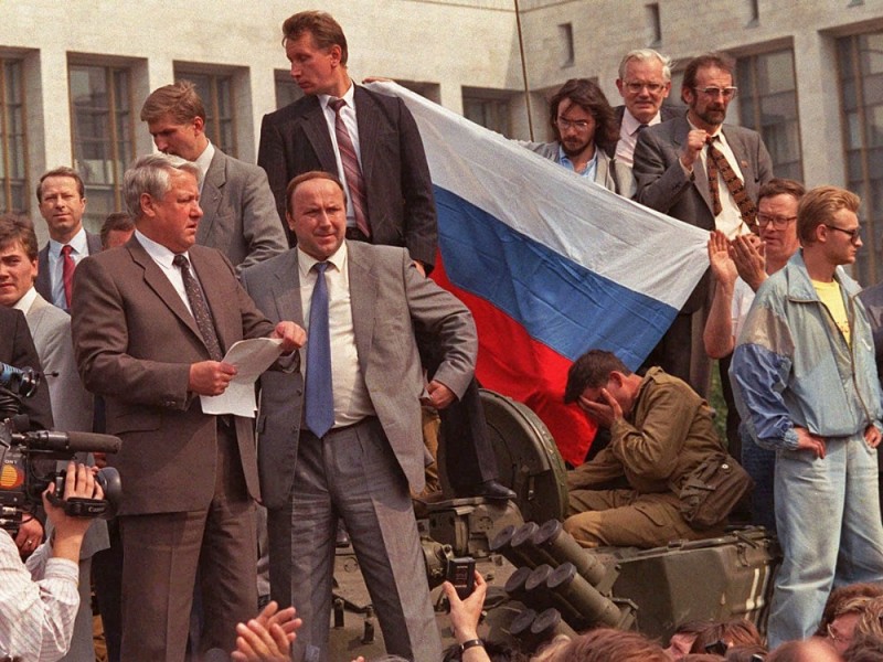 Create meme: Yeltsin's August coup, yeltsin on a tank 1991, The August 1991 coup of the USSR
