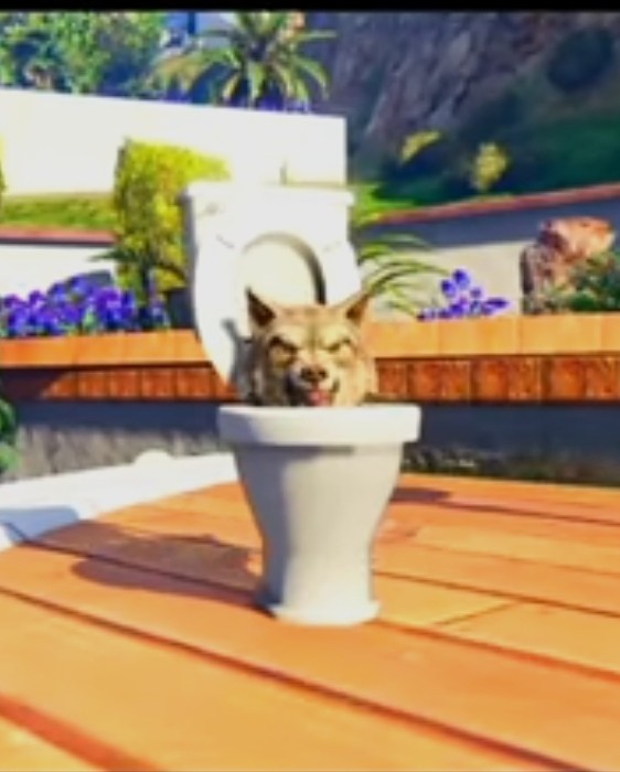 Create meme: gta 5 game, toilet bowl for a cat, teaching a cat to the toilet
