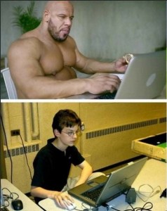 Create meme: Jock with a laptop, a wrestler with a laptop, Jock with laptop MEM