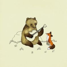 Создать мем: картина с лисой, fox and a bear милые иллюстрации, медведь с гитарой