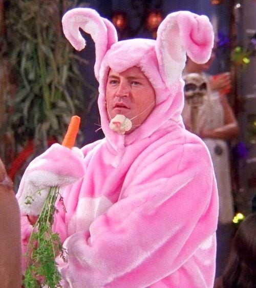 Create meme: Chandler Bing the Rabbit, Chandler in a rabbit costume, Chandler in a pink rabbit costume